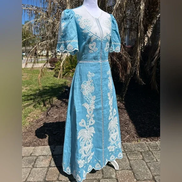 NWT🌷Farm Rio Floral Embroidery Linen Short Sleeve Open Back Midi Dress - Picture 7 of 12